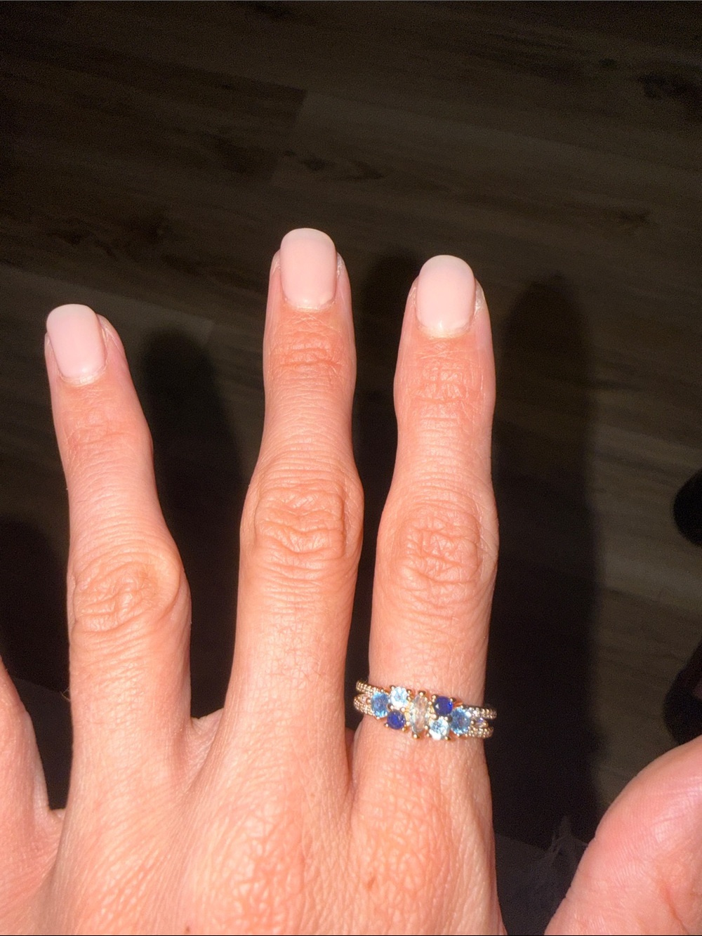 Gold Band Ring with Blue Sapphire and Clear Stones - Women Jewelry